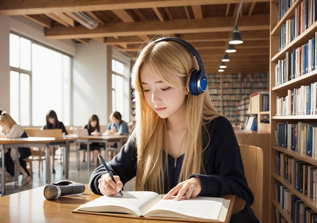 One Girl、Blonde、Long Hair、studying、Headphones、library、An illustration　