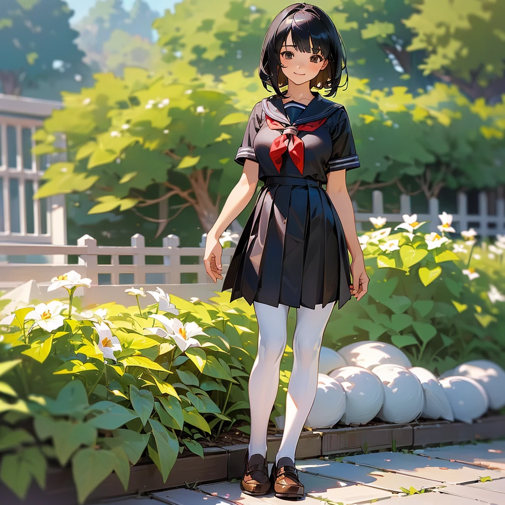 (Highest quality, High resolution, Super detailed, Realistic:1.37), Peaceful atmosphere, (Outdoor, garden),  girl standing alone,(my breasts are big.),Beautifully detailed features, Cute Smile, ((Black bob hair)),Short-sleeved sailor uniform, Pleated skirt,Black tights,Brown leather shoes.