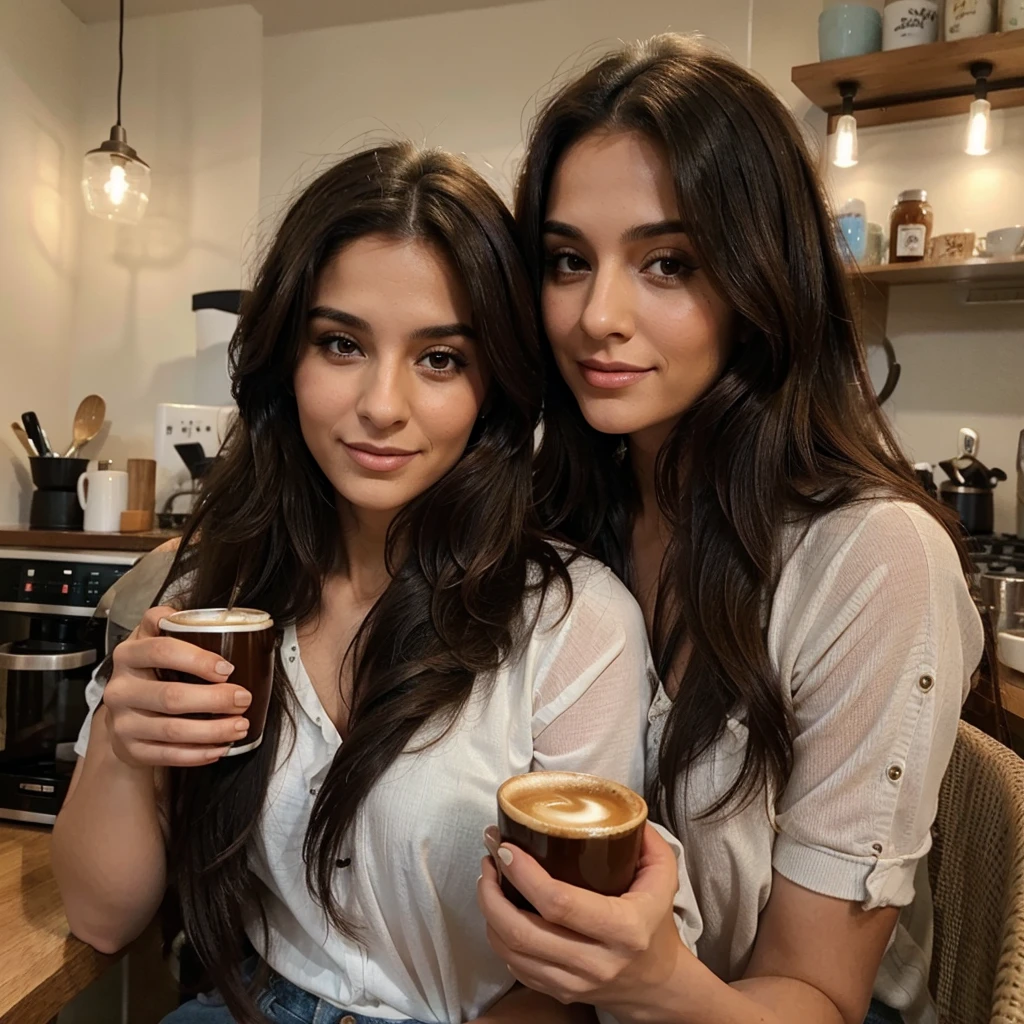 A 30-year-old brunette woman of Middle Eastern descent with long hair is enjoying a cup of coffee.