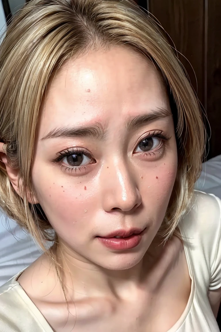 (Realistic:1.3、Ultra HD、Ultra-high resolution、8K、Japanese Housewife、寝室でfacial される女性:1.5、At the bed:1.4)、((Look Viewer:1.8))、(Extremely realistic skin texture:1.4)、(Realistic:1.3)、short hair、((Embarrassed expression:1.5))、(blonde:1.5)、48-year-old woman、Mature Woman、Ponytail Hairstyles、(Brown eyes:1.3)、(Face close-up:1.2)、(Sweaty:1.2)、(Nipplesを見せる:1.4)、((衣服から突き出たNipples,))、dress、美しいNipples、Nipples、Drooling、((facial:1.4、Blowjobチオ、facial ejaculation:1.4、Bukkake))、((Browsing Caution:1.4、Blowjob))