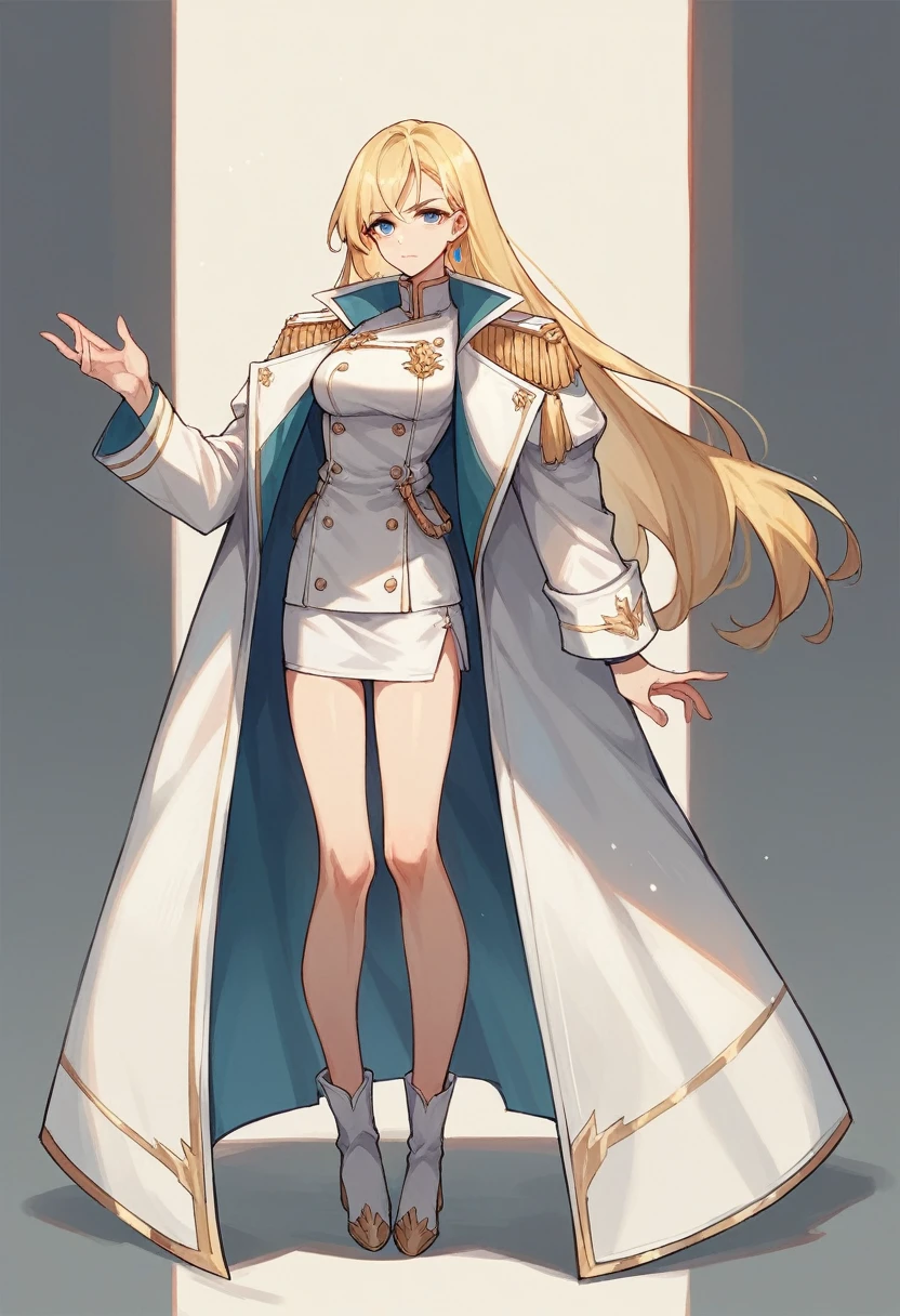 commander anime girl, white commander clothes, short white skirt, 18 years old, blonde hair, blue eyes, a little shy, full body, 8K