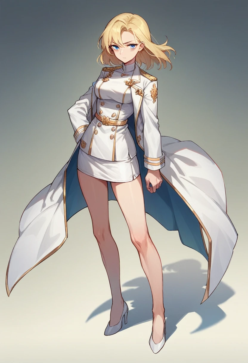 commander anime girl, white commander clothes, short white skirt, 18 years old, blonde hair, blue eyes, a little shy, full body, 8K