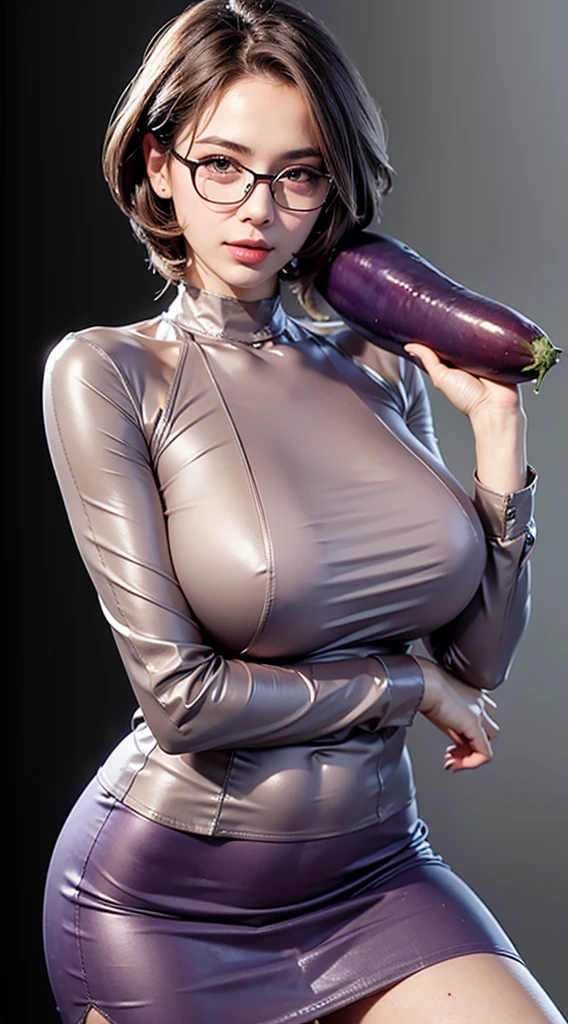 Beautiful blonde araffe Russian woman holding an eggplant, Trend in CGTacing:, Attractive posing, hyper real rendering, Pose casual, strong ass, strong thighs, breasts big, Waist slender, expensive skin, gogo dancer, short mini skirt, realisitic, top e Saia curto streetwear, hair blonde, short skirt, short mini skirt, voluptuous woman, sexly, Top and skirt, casual skirt, Ross Tran 8 K, Amouranth, open smirk, grayscale background