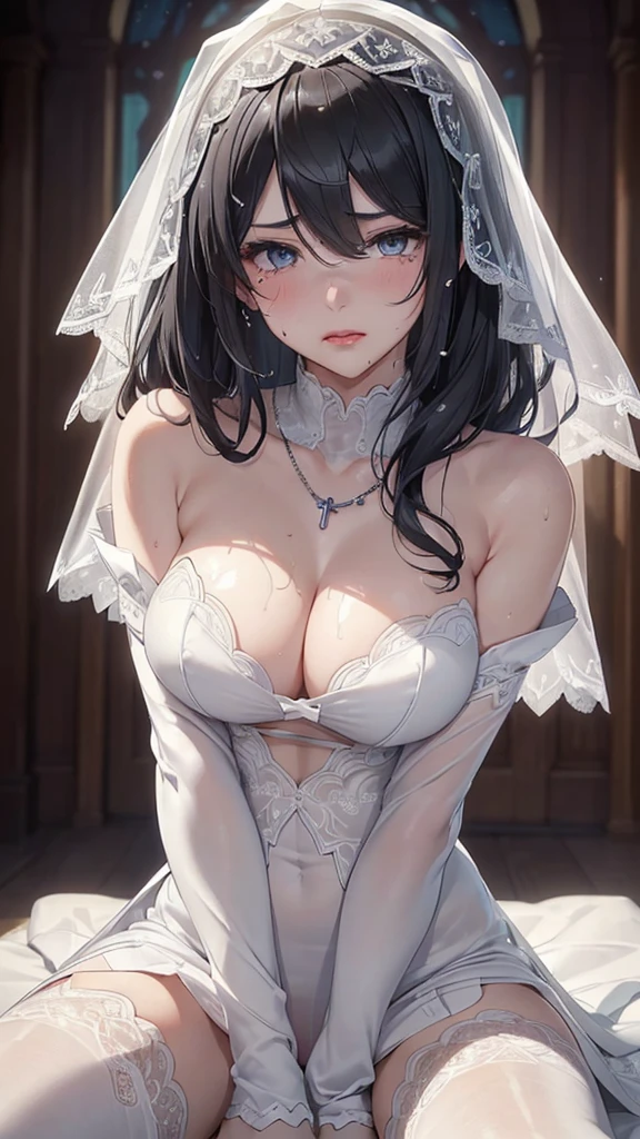 (masterpiece: 1.3), (Maximum resolution: 1.2), (Ultra HD TV: 1.2), Cinematic Light, 8K resolution, Detailed facial features , (Sharp focus: 1.2), (Focus on the face:1.2),Perfect Style, Beautiful Face, Acura, Anatomically correct, Highly detailed face and skin texture, Beautiful Eyes,Beautiful Eyes, Thin eyebrows, Natural Cheeks, Glowing Skin, Fair skin: 1.2, (Glossy Lips: 1.4),、 (Embarrassed look: 1.2),Highly detailed face and skin texture, Natural Cheeks, , Glossy Lips: 1.4,Perfect Style、Cleavage、Soft Breasts、(Semen on chest:1.4)(Cum on thighs 1.2)、 Overflowing sperm、Dripping Semen、Drenched in sweat、Wet clothes、blush、A humiliating look、Anxious expression、Frightened expression、Embarrassed look、Glare、anger、sorrow、tears、Open your knees、Spread your legs、 White underwear、necklace、Disheveled clothes、White panties、sweating、Thin underwear、stockings、22 years old、 clear, A clean-cut woman,1 person、 Upward-facing chest, church、Stained glass、Black Hair、Silver Hair、blonde、Blue-gray eyes、Greenish-gray eyes,(Wedding dress:1.1)、Veil、Shortcuts、Torn clothing、Glare、grim stare、Fellatio gesture、