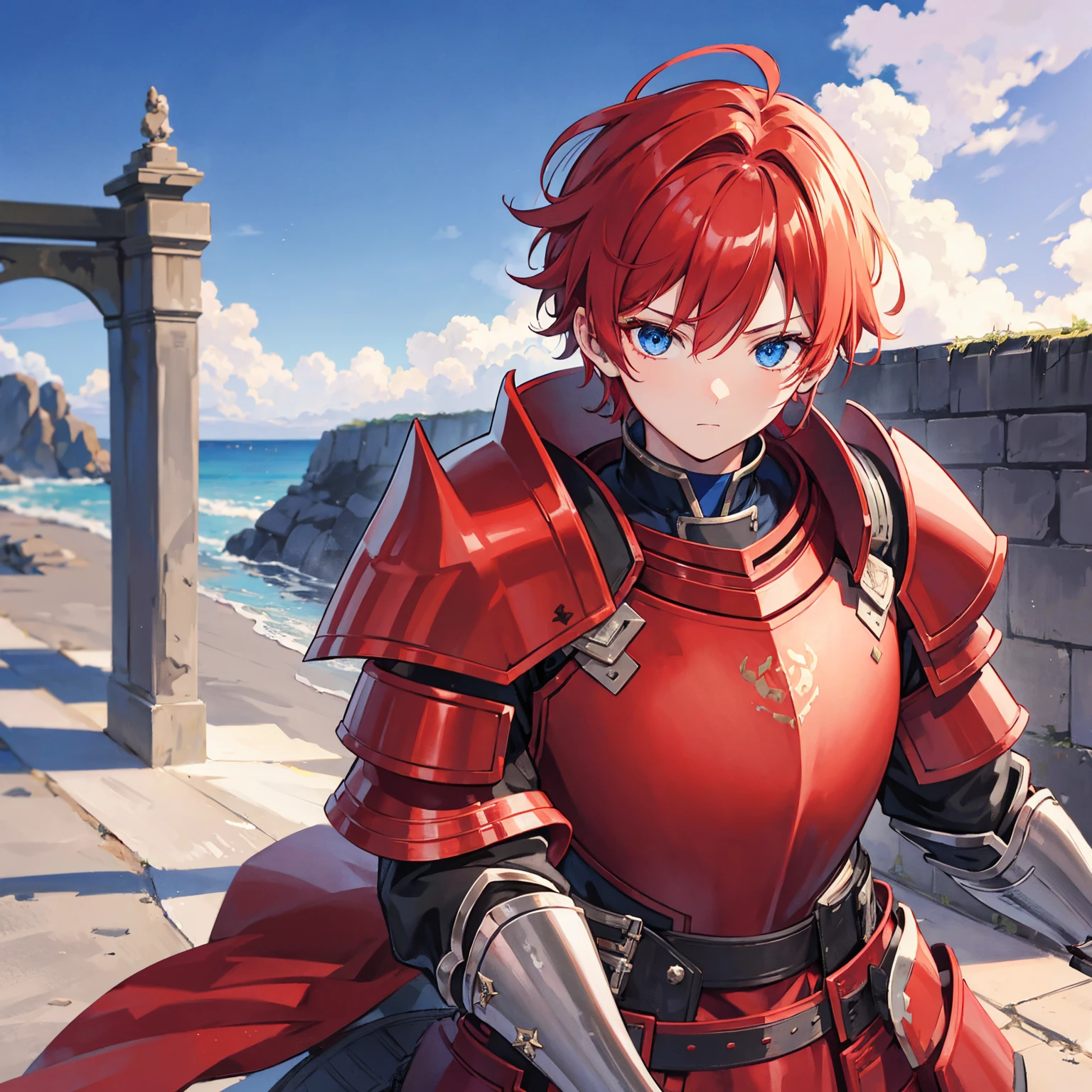 1 knight, Red hair, blue colored eyes, red knight armor, heavy armor, posture would be, 15year old, natta, closed sky, chest armor, focusing da cintura para cima, avoid hands in the image, 1 young boy, focusing.
