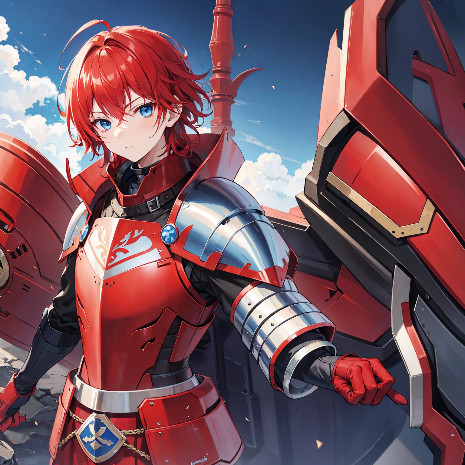 1 knight, Red hair, blue colored eyes, red knight armor, heavy armor, posture would be, 15year old, natta, closed sky, chest armor, focusing da cintura para cima, avoid hands in the image, 1 young boy, focusing.
