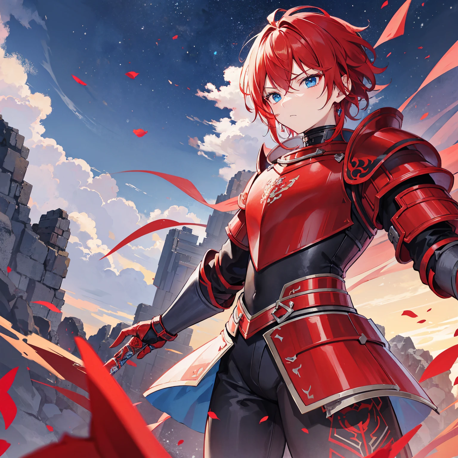 1 knight, Red hair, blue colored eyes, red knight armor, heavy armor, posture would be, 15year old, natta, closed sky, chest armor, focusing da cintura para cima, avoid hands in the image, 1 young boy, focusing.
