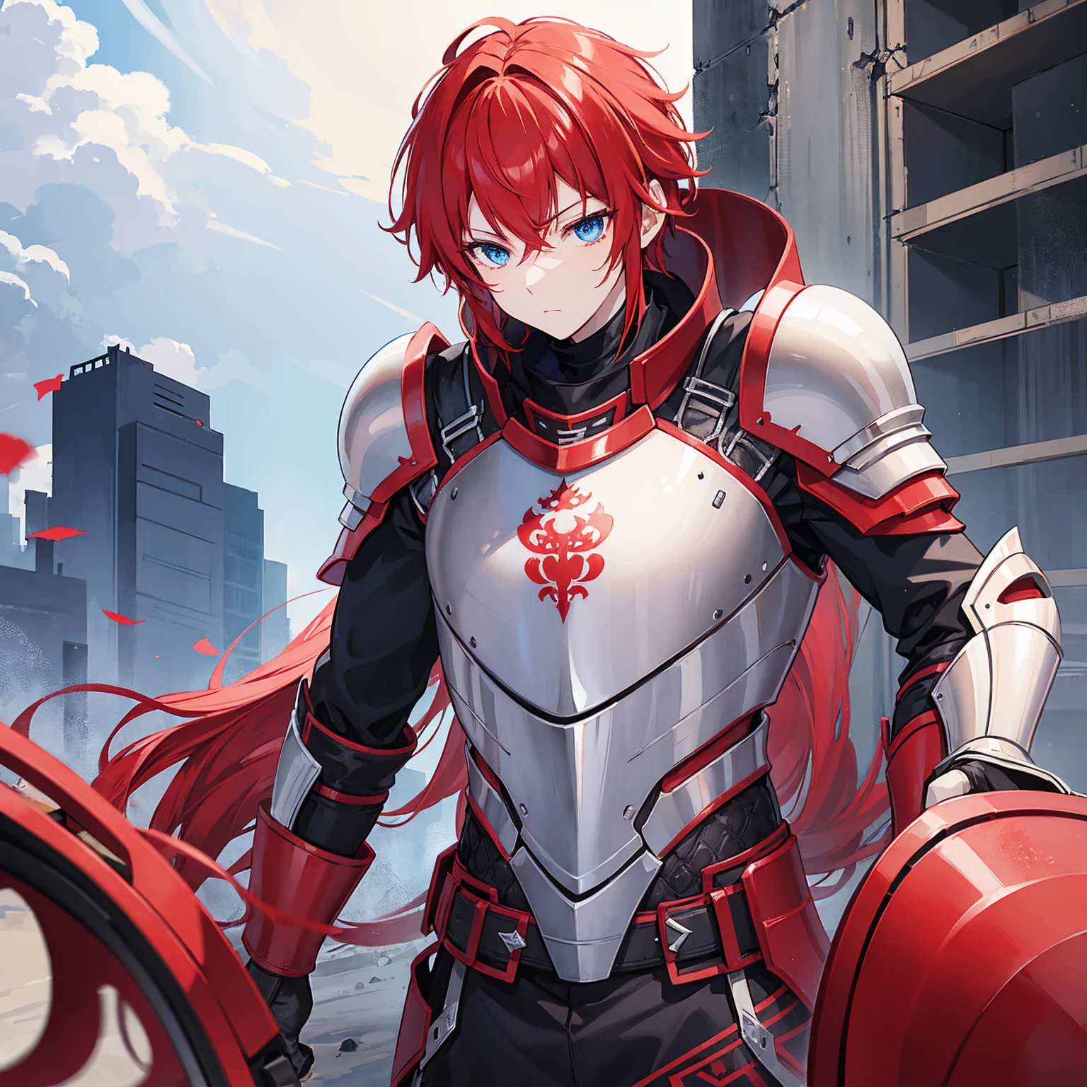 1 knight, Red hair, blue colored eyes, red knight armor, heavy armor, posture would be, 15year old, natta, closed sky, chest armor, focusing da cintura para cima, avoid hands in the image, 1 young boy, focusing.
