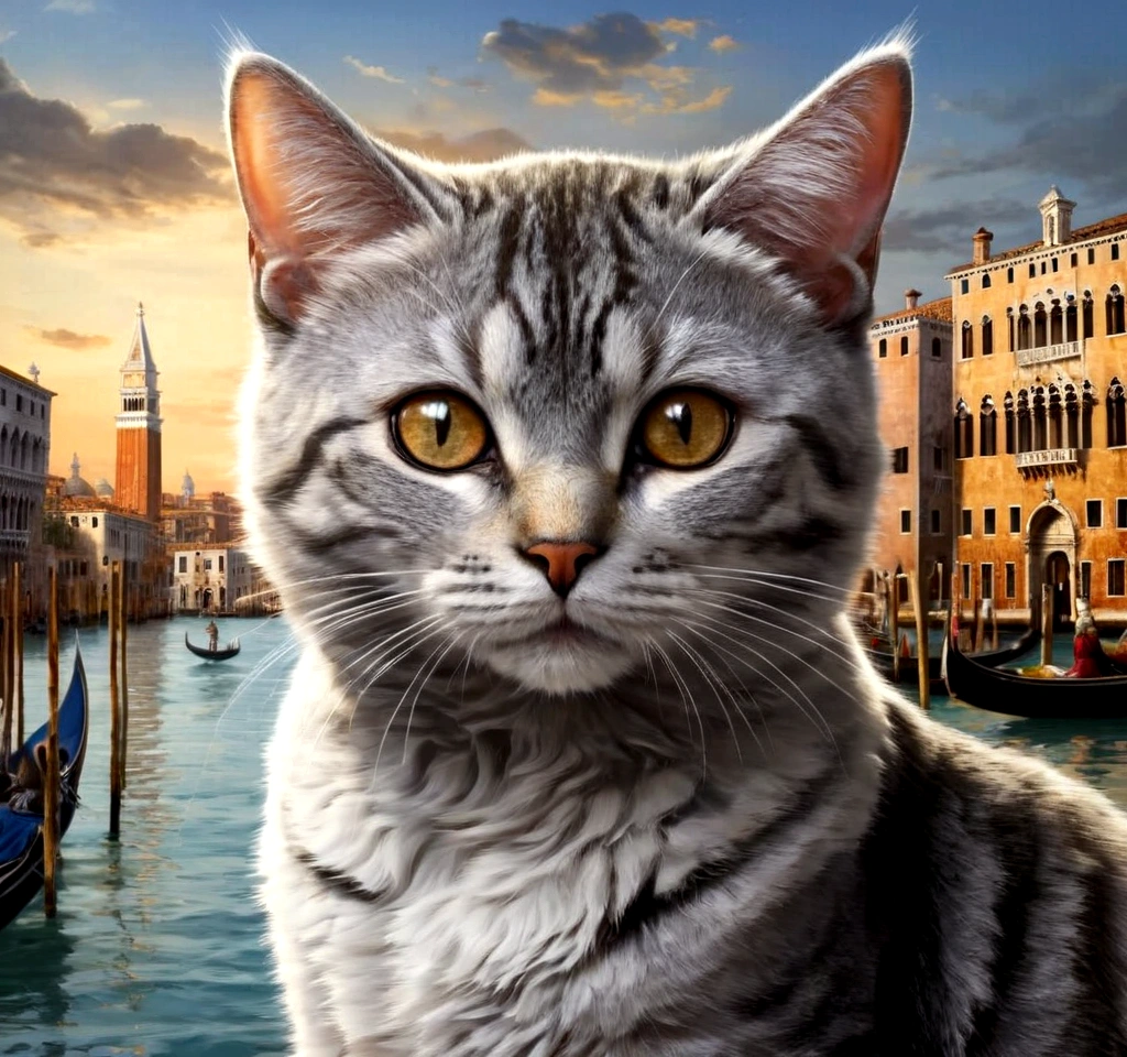 Masterpiece, medieval Venice, Port town, Beautiful silver tabby cat