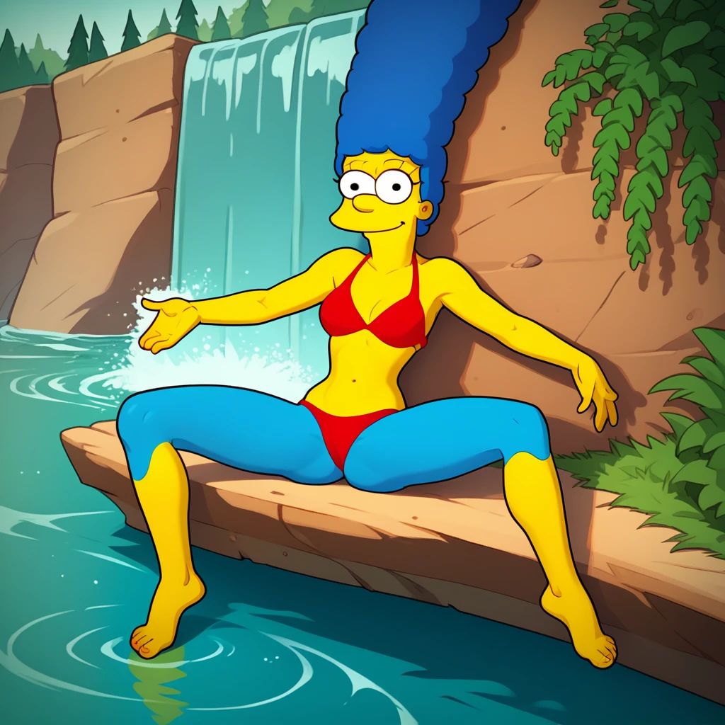 marges, (((blue hair, 1girl, solo, alone, colored skin, yellow skin))), score_9, score_8_up, score_7_up, score_6_up, score_5_up, score_4_up, zPDXL flat color, looking at viewer, smile, 

(((      red bikini, barefoot,         sitting on back, spread legs             ))),

sexy pose, dynamic pose, dynamic angle, cowboy shot,

outdoor, waterfall, day,