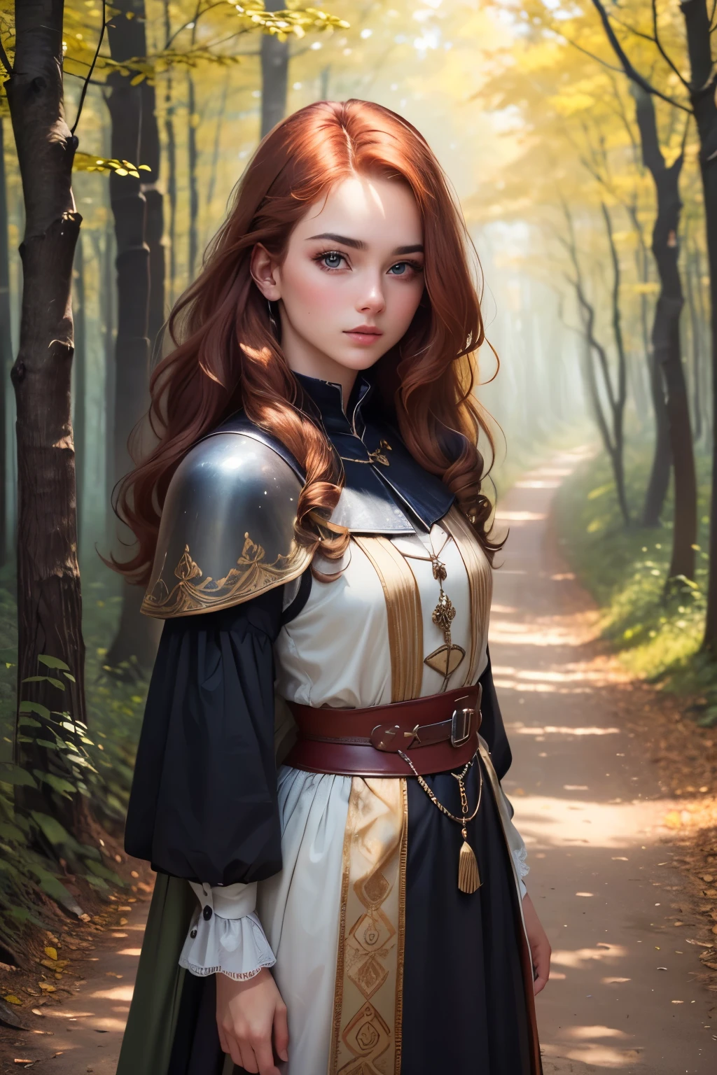 ((best quality)), ((masterpiece)), (detailed), Prize-winning works, with incredible details, maximum textures and details, uhd ,super resolution , 1 portrait of a red-haired girl,beautiful face, standing on a path in a magical forest, developing hair, wavy, wearing a medieval dress ,fully body (20 year old young man :1.1,detailedeyes, face detailed, whole body:1.1,the background is a forest ),(best qualityer:1.2,ultra detali:1.1,realisitic:1.37) ,eyeshadows,sharp focus,swirly vibrant colors,), (twilight), 8K