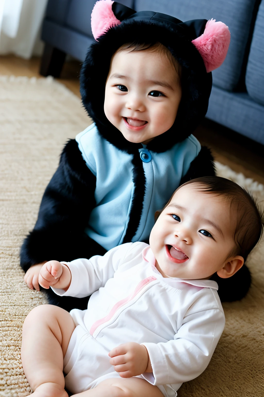 cute korean babies, black fur, twins, 8 months, laughing, bright light blue eyes