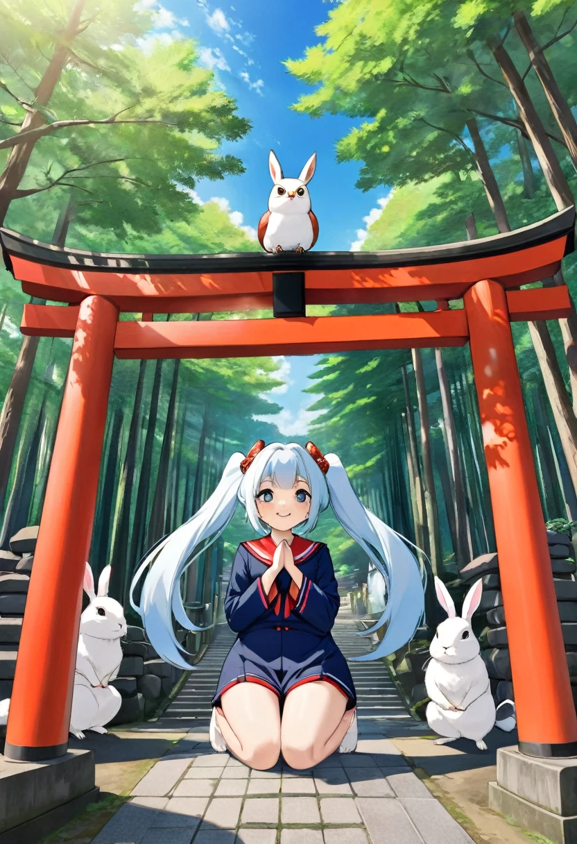 Squirrels and rabbits、white owl flying、Light blue long hair、Beautiful girl with twin tails、Red Torii Gate、A girl prays at a shrine in a forest of fresh greenery,Sailor suit、The girl is depicted large in the center、Bright smile、blue sky、Fushimi Inari Shrine、Many torii gates、