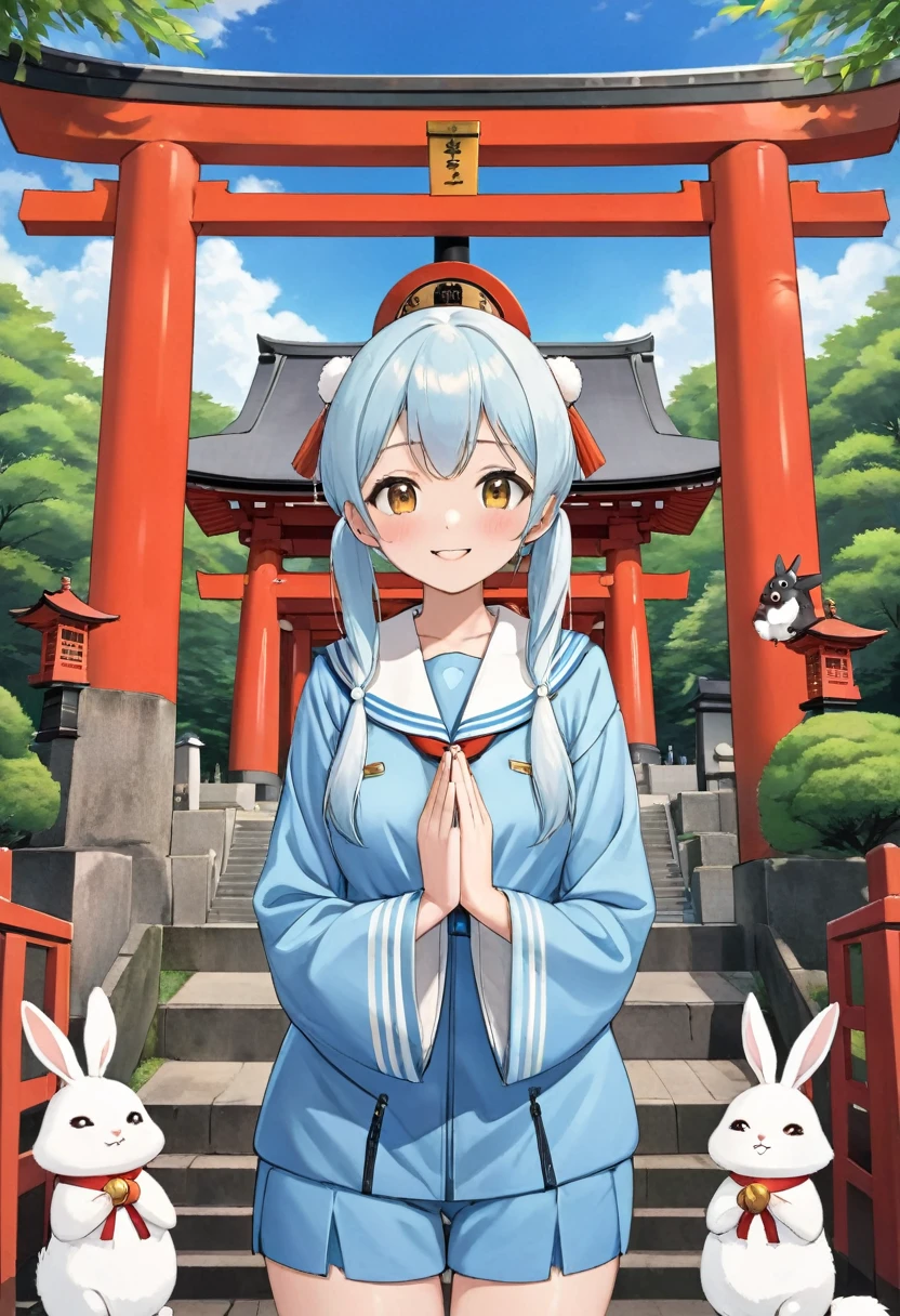 Squirrels and rabbits、white owl flying、Light blue long hair、Beautiful girl with twin tails、Red Torii Gate、A girl prays at a shrine in a forest of fresh greenery,Sailor suit、The girl is depicted large in the center、Bright smile、blue sky、Fushimi Inari Shrine、Many torii gates、