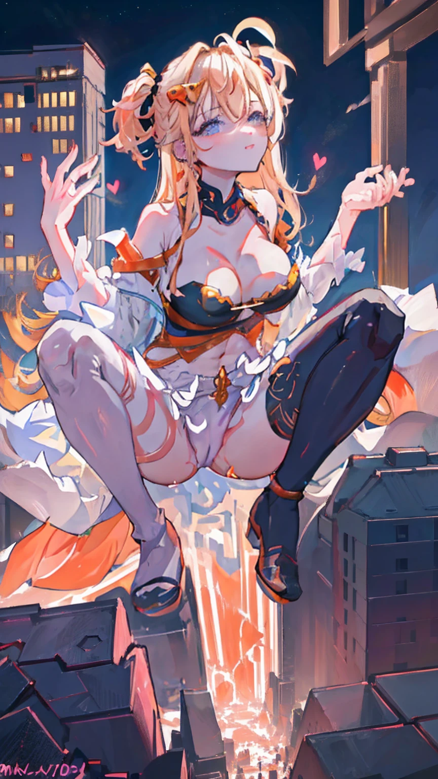 In the heart of the metropolis, the Giantess Goddess moves with predatory grace, her golden skin shimmering under the city lights. Her eyes scan the tiny humans below, a wicked smile playing on her lips. Each step she takes leaves a path of destruction, buildings crumbling and people crushed beneath her immense feet. She scoops up clusters of people, her fingers caressing them before squeezing with cruel pleasure. Their struggles against her curves send shivers of ecstasy through her body, the city's destruction an intimate dance of power and lust.