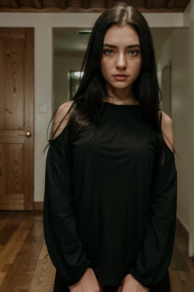 A black-haired girl a little messy her black hair, crying eyes, teary green eyes, tirada en el wooden floor, wooden floor, fine facines, large eyes, green look, scary face, his body covered by a black shirt, wearing a black shirt, in the background a dark room, a night room,pale skin, pale skin, detailed, better quality, tears come out of her green eyes, dark room, dark room, red eyes, pink cheeks, Long straight hair