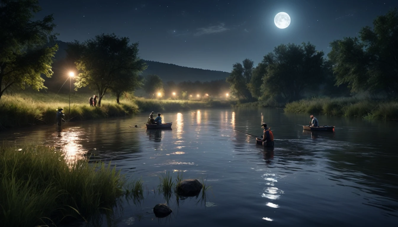 An image of a group of friends fishing on the bank of a river at night ,PICTURE REALISTIC, high resolution, 8K