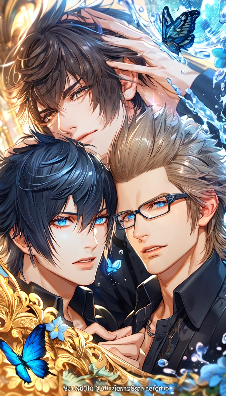 absurdres, highres, ultra detailed, HDR, master piece, best quality, extremely detailed, Ignis Scientia, brown hair, expressive brown eyes, Final Fantasy XV, Noctis Lucis Caelum, black hair, expressive blue eyes, two sexy men together, gay couple, yaoi, handsome, black clothes, fantasy, magic, sparkling, water, glass, blue moon, blue flowers, blue butterflies