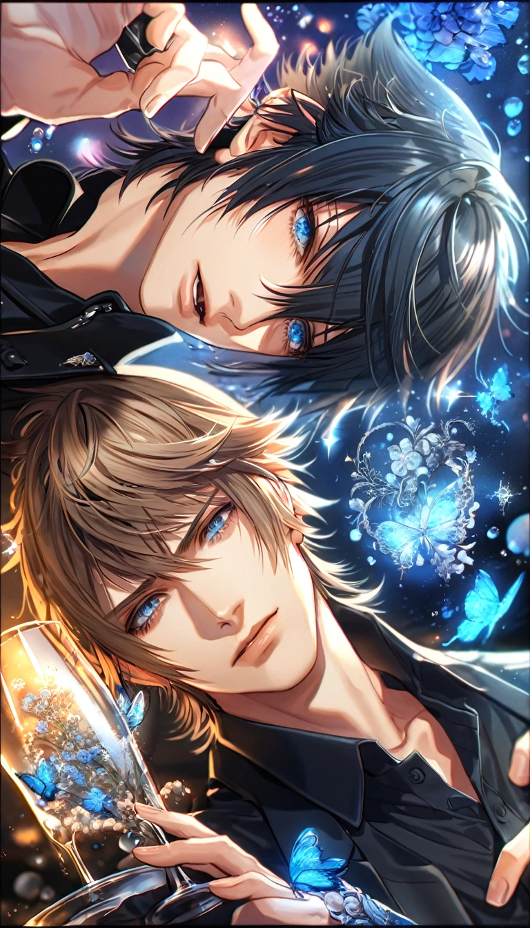 absurdres, highres, ultra detailed, HDR, master piece, best quality, extremely detailed, Ignis Scientia, brown hair, expressive brown eyes, Final Fantasy XV, Noctis Lucis Caelum, black hair, expressive blue eyes, two sexy men together, gay couple, yaoi, handsome, black clothes, fantasy, magic, sparkling, water, glass, blue moon, blue flowers, blue butterflies