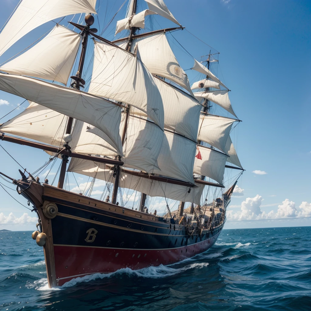 Christopher Columbus on the bow of his ship, with the open sea and a clear sky.