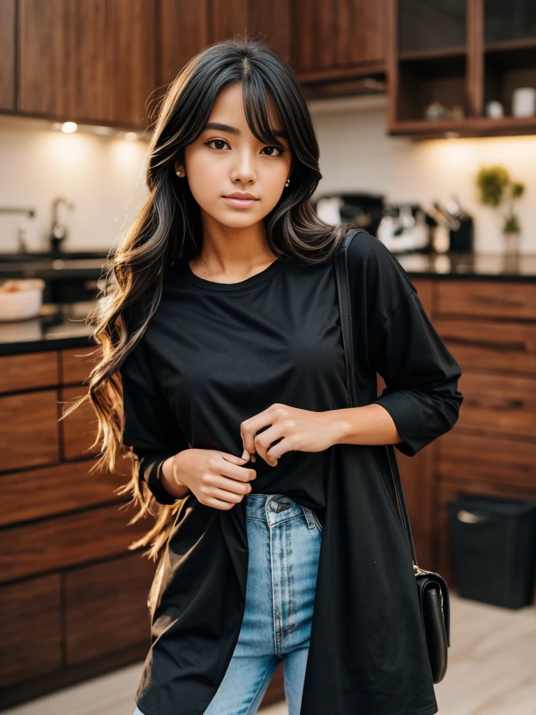 The girl wears a black shirt