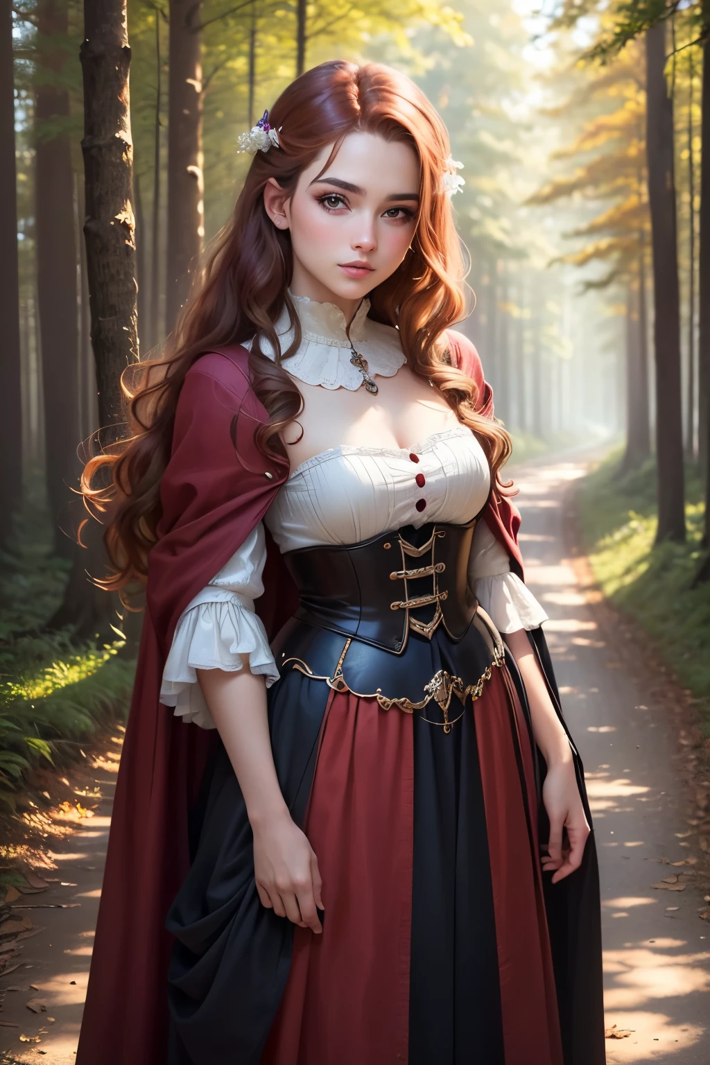 ((best quality)), ((masterpiece)), (detailed), Prize-winning works, with incredible details, maximum textures and details, uhd ,super resolution , 1 portrait of a red-haired girl,beautiful  face, standing on a path in a magical forest, developing hair, wavy, wearing a medieval dress  ,fully body (20 year old young man :1.1,detailedeyes, face detailed, whole body:1.1,the background is a forest ),(best qualityer:1.2,ultra detali:1.1,realisitic:1.37) ,eyeshadows,sharp focus,swirly vibrant colors,), (twilight), 8K