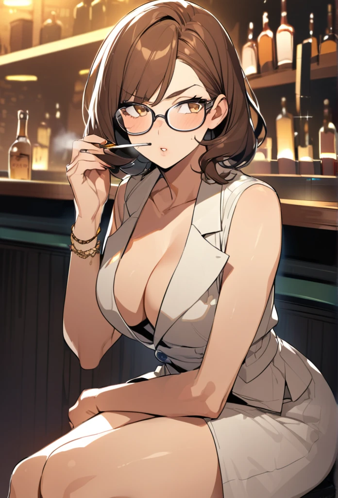 a tall woman,Polite,short brown hair,glasses,smoking,30s,sitting in a bar,from the mafia,a little frustrated,No NSFW