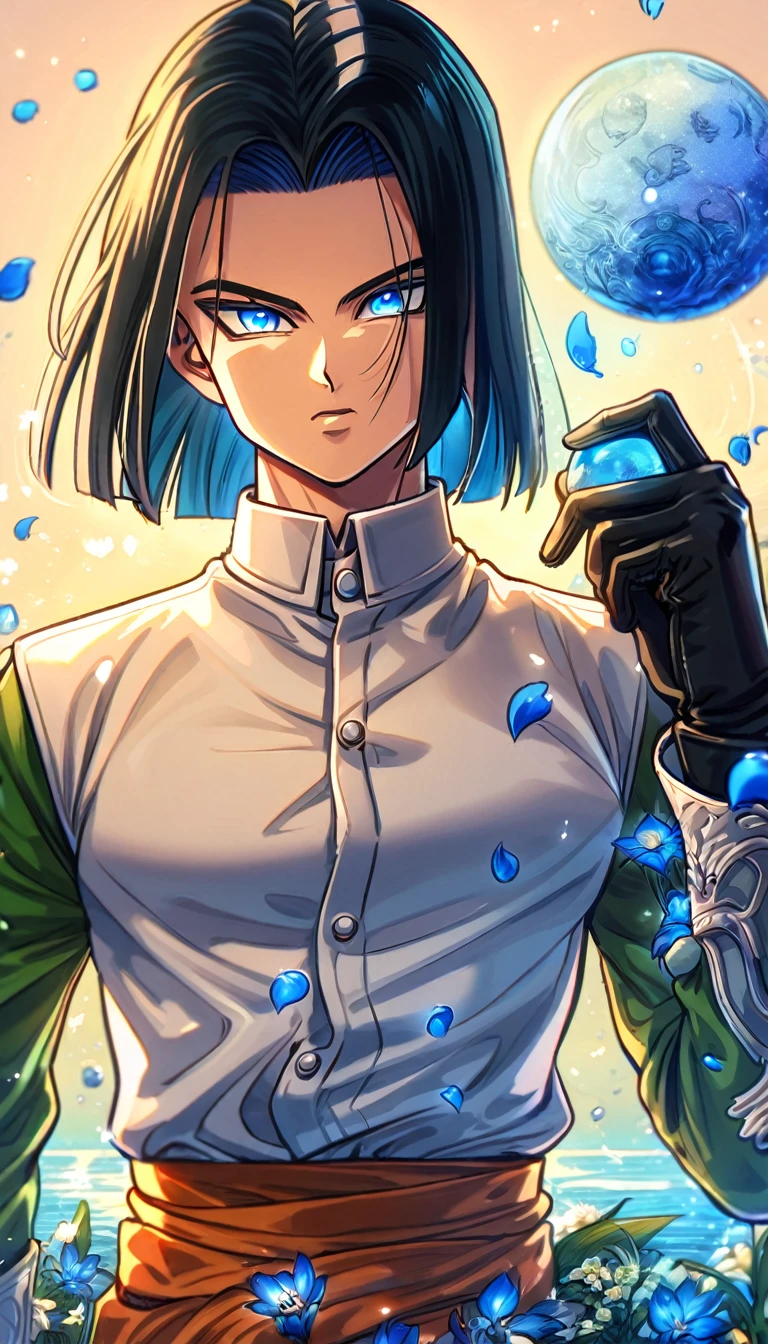 absurdres, highres, ultra detailed, HDR, master piece, Android 17, black hair, expressive blue eyes, white shirt with green sleeves, Dragon Ball Super, sexy man, handsome, best quality, blue moon, flowers, fantasy, magical, solo, water, blue shining fireflies, blue petals, black gloves