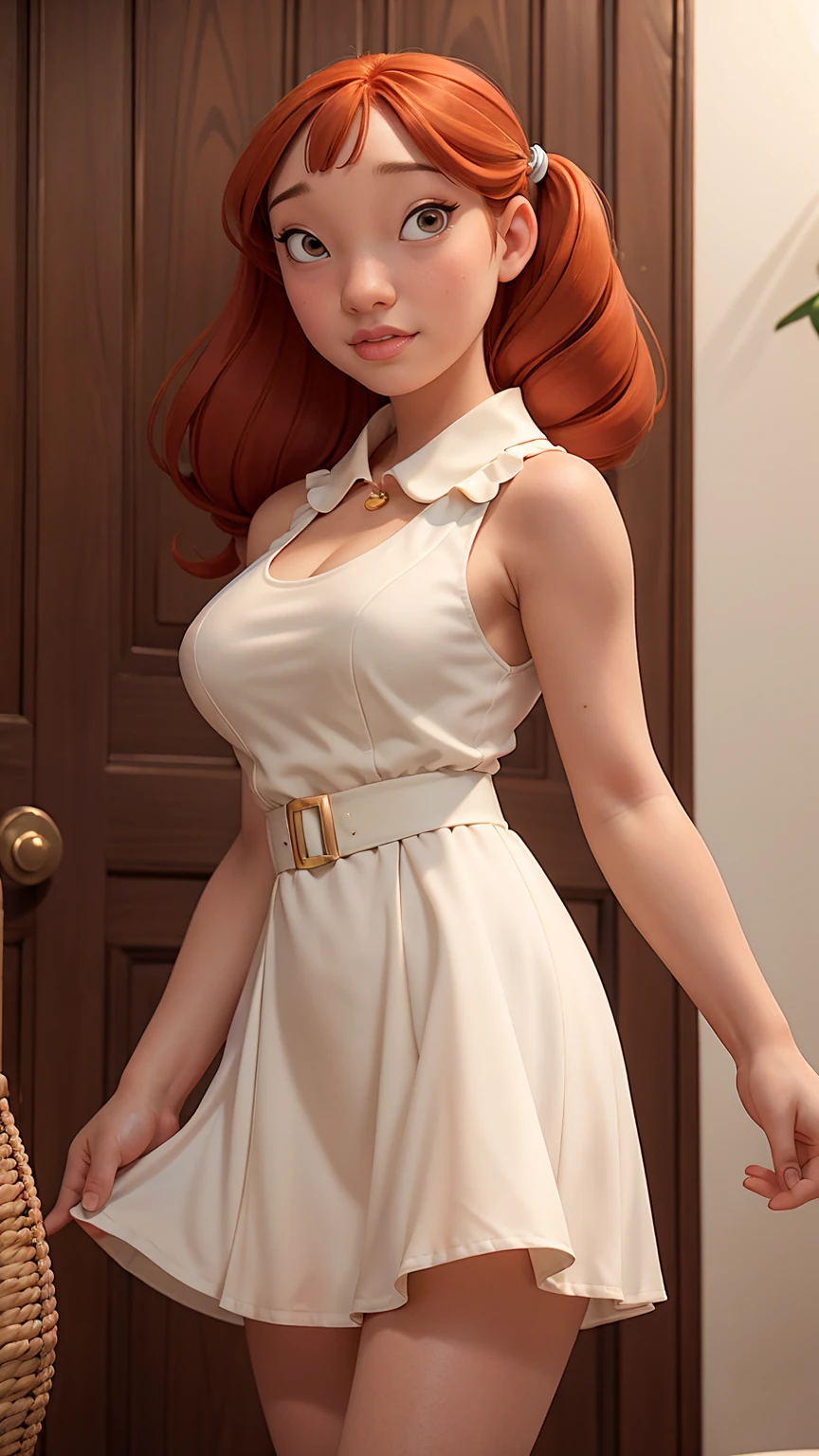(best quality, masterpiece, perfect face) ginger hair, 16 years old pale girl, pigtails haircut, big bust, sundress
