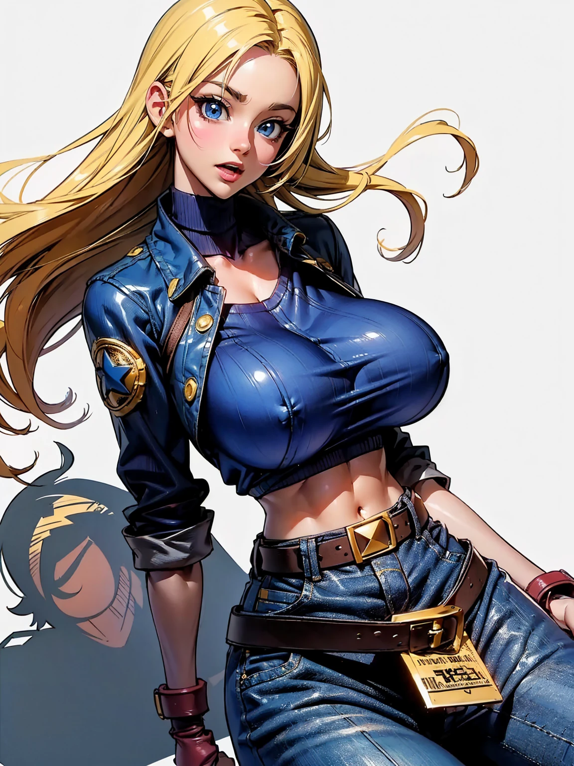 from street fighter,(big breast:1.5),dynamic poses,(blonde hair), totally wide open her chest,big chest,((sketch style)),scribbles and marks,super perfect body curve,((skindentation)),S-shaped body,anime waifu (18 years old)-hot daddy-frivolity-body language, fit figure, red top, blue jean jacket, bad laughing,gorgeous perfect face, realistic style and super detailed renderings, superrealism,kawaii, zbrush, super-realistic oil, contour shadow-process - (Waiting to start)