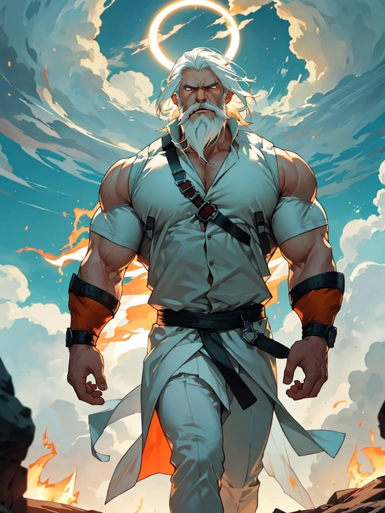 
strong and muscular gentleman, with a full and powerful white beard, skin as white as an albino, bright orange eyes like fire, long white hair, an arm that surrounded by lightning, a halo of shining fire, walking on the clouds in front with a angry face