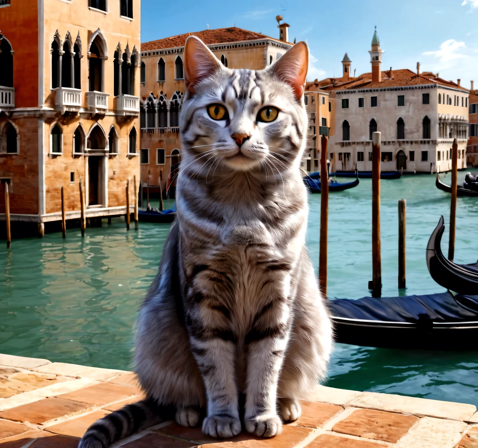 Masterpiece, medieval Venice, Port town, Beautiful silver tabby cat