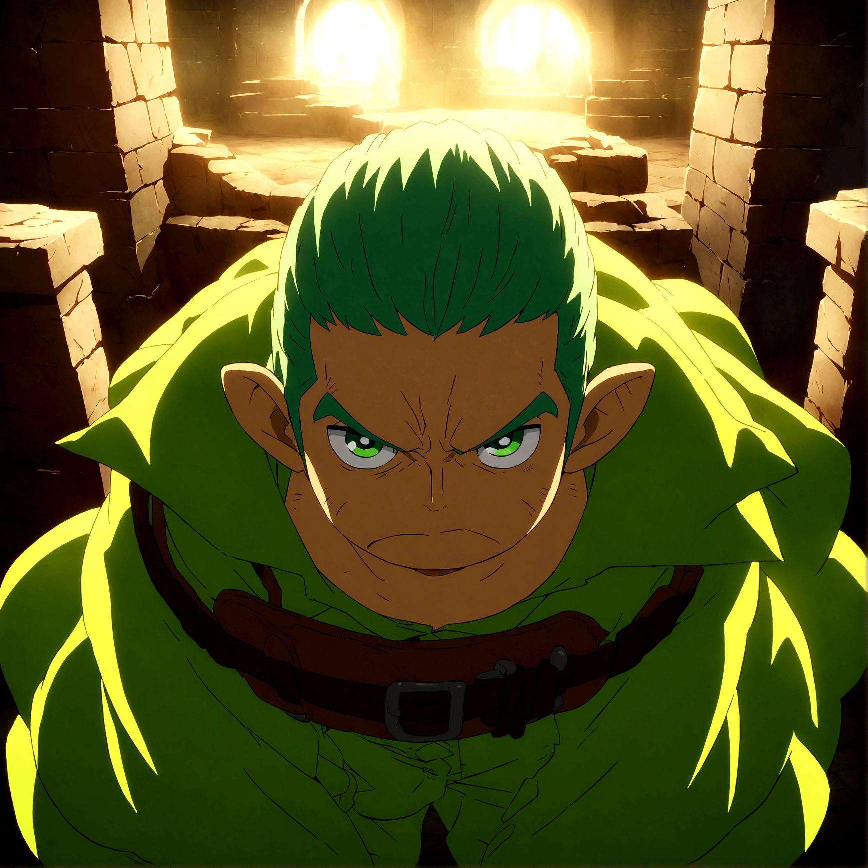 Dwarf, stout body, gray-green hair, no beard, emerald green eyes, blacksmith outfit, grumpy expression, blacksmith forge background, "Anime inspired by One Piece, filled with dramatic and incredible lighting, dramatic lighting, infused with creative details, ultra-fine 2D design, scenery bathed in creativity, bathed in creativity, boasting HD anime resolution clarity, HD anime graphics, high-octane rendering"