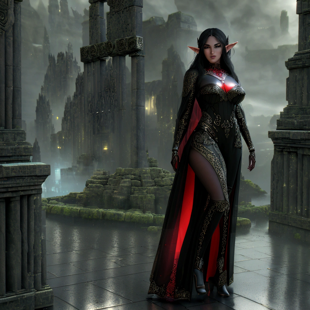 (professional 3d render:1.3) (Realistic:1.3) most beautiful artwork in the world, woman in a red and black organic outfit with a curved mask and a glass dome visor, organic surrounding red roses flowers and plants, dynamic glamor pose holding exquisite engraved space gun, fashionable alien heroine, vespertine, futuristic clothing and glass, movie still, avante garde design stylings inspired by red and black squares and curves(Intricate:1.4), decadent, (Highly detailed:1.4), Digital painting, rendering by octane, art stations, concept-art, smooth, Sharp focus, illustration, (Global illumination, Studio light, volumettic light), heavy rain, particles floating, (lotr, fantasy, elf, full body), ((Dark and ancient city background:1.4)