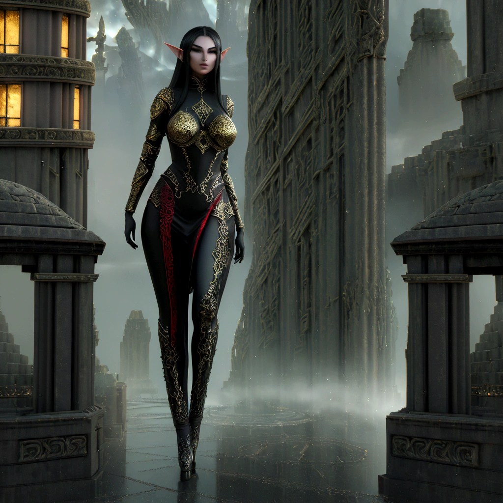 (professional 3d render:1.3) (Realistic:1.3) most beautiful artwork in the world, woman in a red and black organic outfit with a curved mask and a glass dome visor, organic surrounding red roses flowers and plants, dynamic glamor pose holding exquisite engraved space gun, fashionable alien heroine, vespertine, futuristic clothing and glass, movie still, avante garde design stylings inspired by red and black squares and curves(Intricate:1.4), decadent, (Highly detailed:1.4), Digital painting, rendering by octane, art stations, concept-art, smooth, Sharp focus, illustration, (Global illumination, Studio light, volumettic light), heavy rain, particles floating, (lotr, fantasy, elf, full body), ((Dark and ancient city background:1.4)