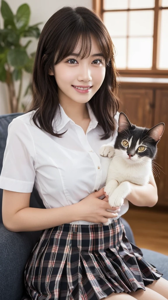 (Highest quality: 1.5), (Realistic: 1.5), (1 person: 1.5), Very detailed, High resolution, 8K,Natural color lips, Cute Smile, Japanese women, 20-year-old girl, Beautiful and elegant features, Perfect and beautiful face, Balanced big eyes, Beautiful and elegant features, Natural double eyelids, Natural Bangs, Beautiful thin nose, Beautiful Skin, Medium Bob Hair , Natural Bangs , Perfect and beautiful face, Slim face and figure, (Looking at the camera with a sweet smile), Bright lighting, Professional Lighting, Forward lighting, Beautiful feet: 1.2, Smooth Skin, Slender body, Slim waistline, slim thin thighs, Cleavage, Detailed clothing, (Short sleeve dress shirt:1.5), (Pleated skirt:1.5), Checkered Pleated Micro Mini Skirt, Short sleeve dress shirt, Ultra HD, Realistic,, Frolic with cats, Playing with cats,Holding a cat, Holding a cat,Pick up the cat, uniform, 女子高生のuniform, living room