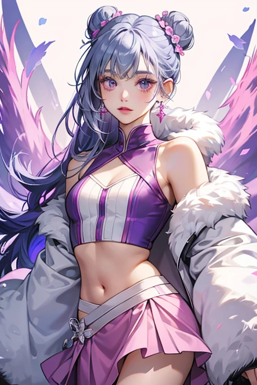 She is a thin, fair skinned girl. Her hair is a blueish-light Violet color, and she wears minimal makeup with eyeshadow and glossy lipstick. Her hair is tied down but with a bun on the left side. There is also some small bangs that are violet colored.
She wears dangly silver small earrings, a fluffy long fur jacket and a fluffy crop top and a sheer skirt with fluffy edges. Her tail is a light pink with hot pink lines going down and up on the tail. The lines also have pearls embedded on it. SPARKLE; GLITTER