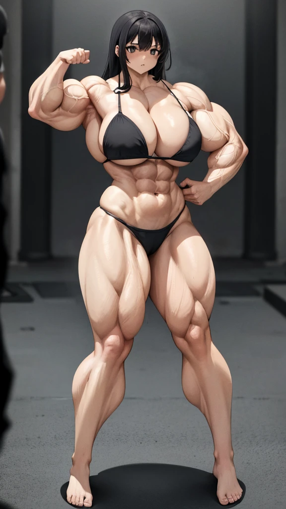 Woman in black bikini and small man in white shirt, weak and small man, thin and small physique, Very beauthful. , ,weak and defenseless man, small physique, , muscular ultraviolent woman, muscular and scary, absurdly huge physique, big muscles, extremely muscular woman,