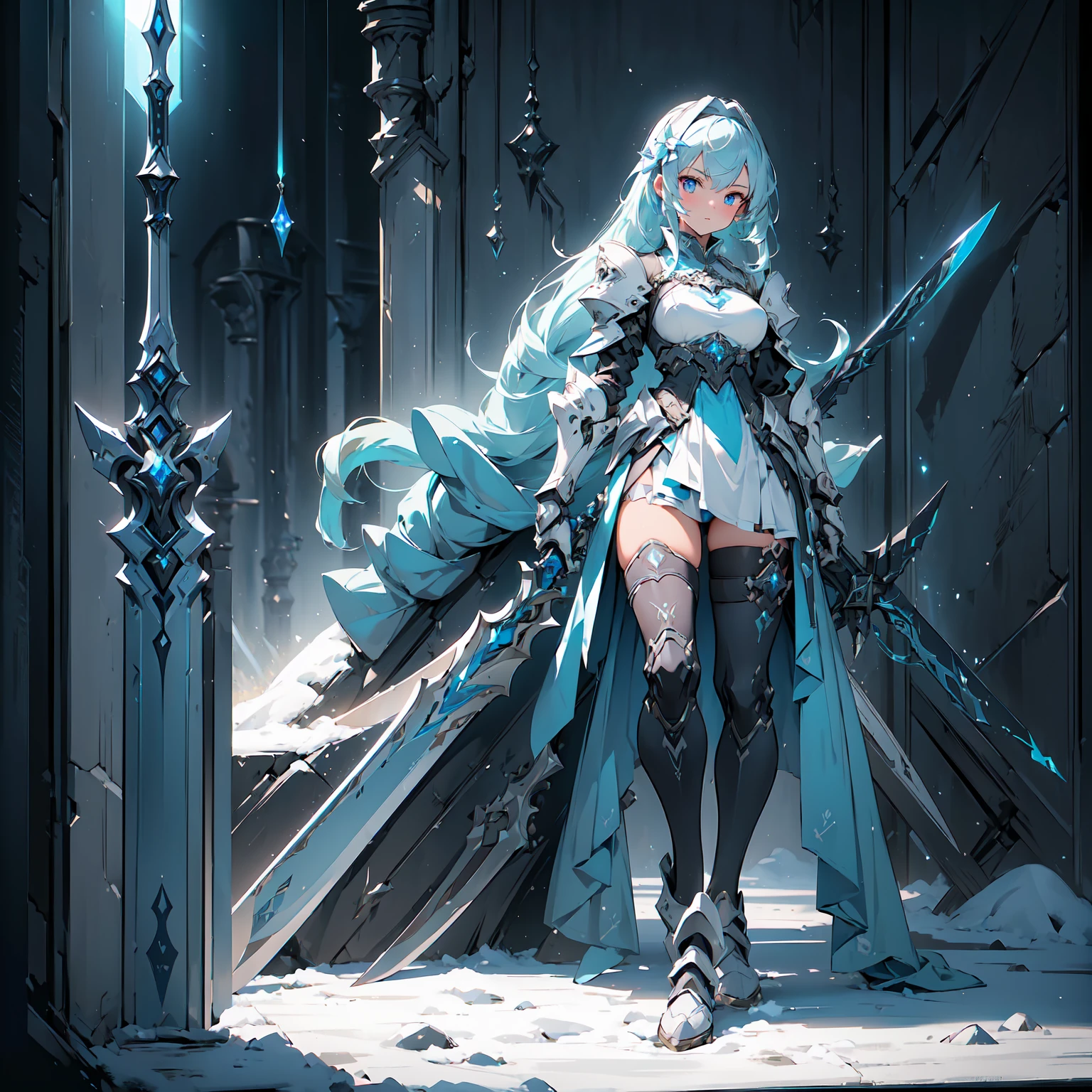 (((masterpiece, best quality, high detailed, 8k))) Design a layout showcase Gaming character, (1girl). Blue|Silver clothes, stylish and unique. ((showcase weapon:1.4)), bow and arrows. (masterpiece:1.2), (best quality), 4k, ultra-detailed. (Step by step design, layout art:1.5), (luminous lighting, atmospheric lighting). archer, ((glove full hands)), (((revealing clothes:1.3))), vambraces, armored legwear, (((full_body_shot:1.4))). {On a snowy mountain}.