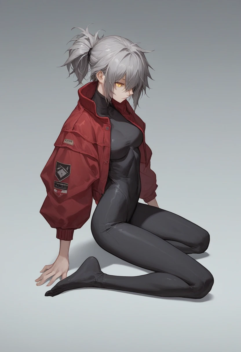 score_9, score_8_up, Tall, slim, She has long grey hair tied back in an enormous, messy ponytail that reaches down to her thighs, some of her hair is covering one of her eyes, she wears a red jacket over a black full-body suit, golden eyes