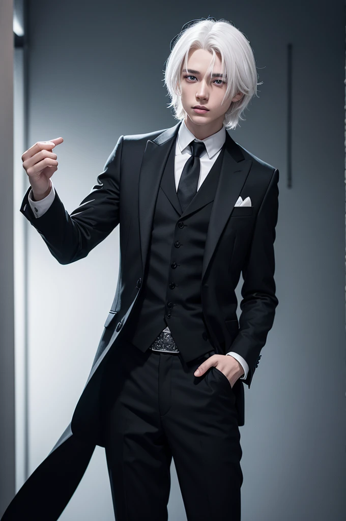 White-haired male wizard in black suit, 19 years old