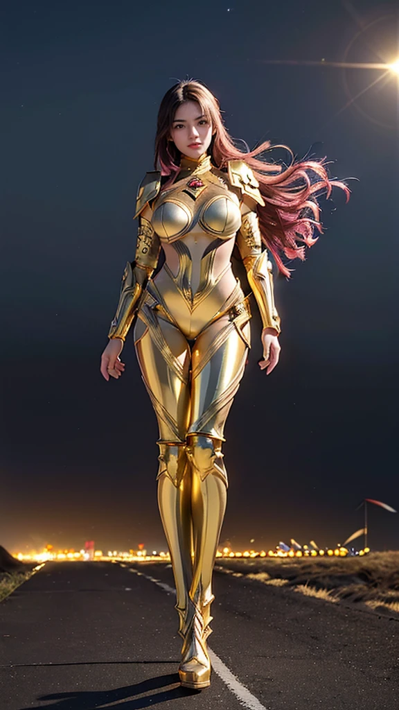 ((best quality)), ((masterpiece)), (ultra detailed lights), ((full body:1.3)), ((skinny body)), 1girl, extremely beautiful, ((slim body)), thighs gap, ultra face details, 20 years old, ((pink curvy-hair)), ((hair blown by strong winds :1.3)), Award-winning photograph, ((symmetrical pose)), ((full body golden armor)), posing in the middle, intricate details, ((thight golden armour)), ((extremely details armor)), ((tight latex pants)), ((full thighs golden armor)), ((24k-gold armor)), ((edge luminous armor)), cameltoe, luminescent, epic lights reflections, at beach, full of stars, orange clouds, nebula sky, aurora borealis, shooting stars, ((from below))