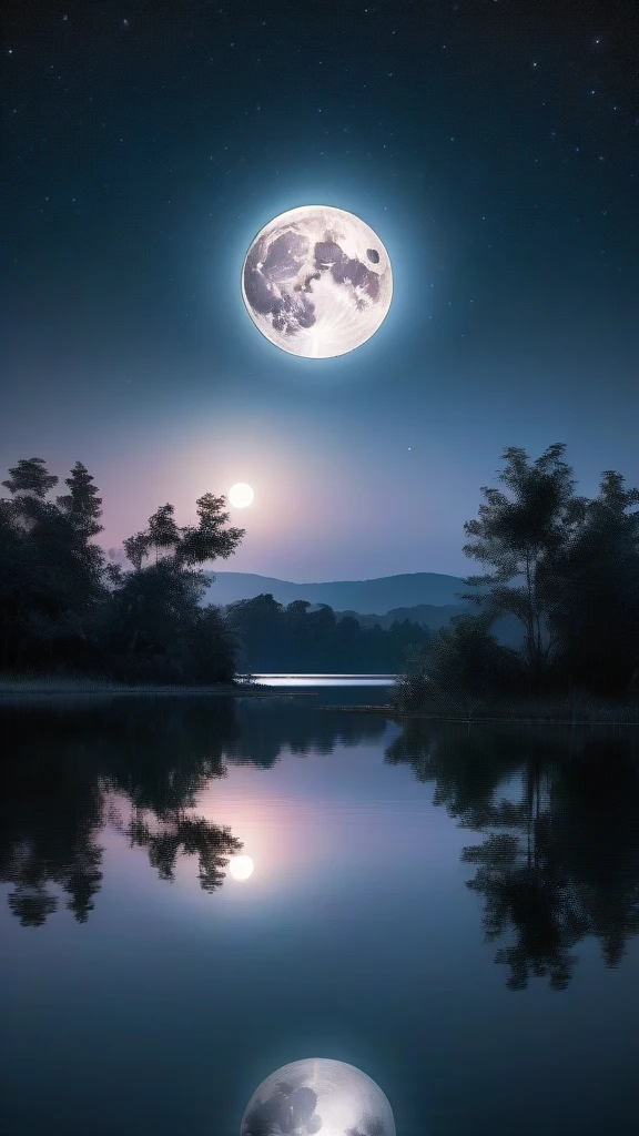 a full moon glowing in the night sky, reflected in a calm lake, tranquil and introspective atmosphere, magical