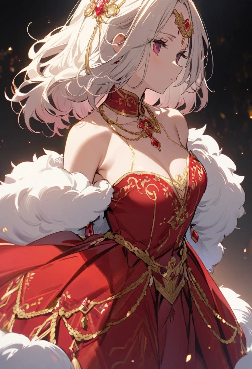 Off-the-shoulder red dress neck low on chest Decorated with gold and ruby gems. The back is open and the waist is marked with a gold chain inlaid with rubies and softly embroidered with fluffy fur., The flat bottom of her dress