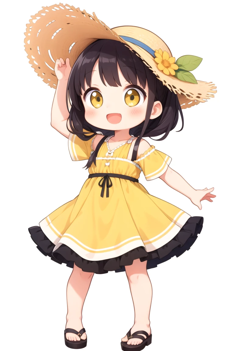 chibi, flat color, solo, full body, cute, (highest quality), Girl with a straw hat, Yellow Summer Dresses, sandal, Lively smile, open mouth, looks fun, ((white background)), (masterpiece)