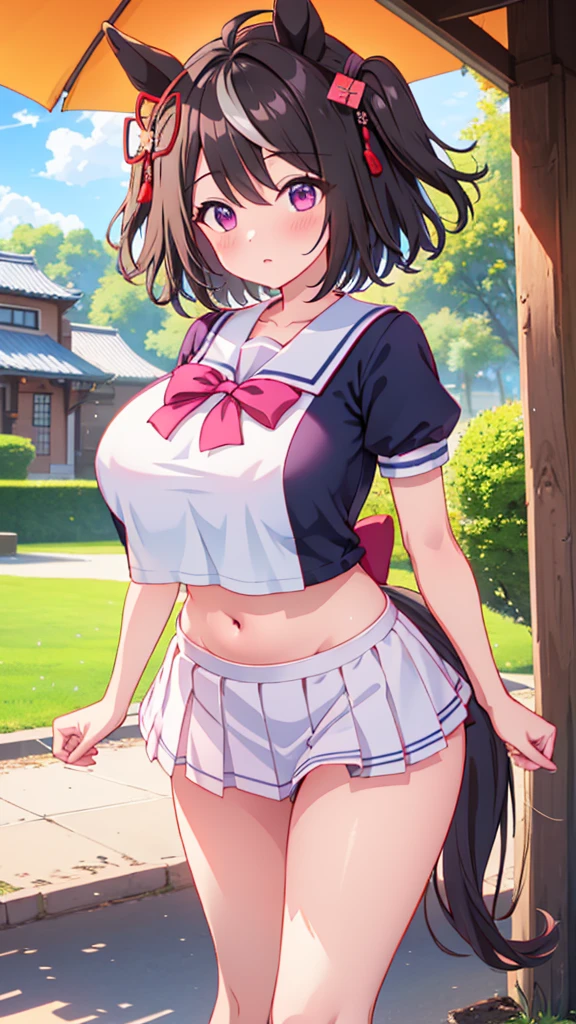 Highest quality,masterpiece, best resolution, nsfw, 1 girl, sailor uniform, topless, huge breasts,,pink nipple, belly button,outdoor, blush, standing, horse ears, horse tail, Kitasan Black