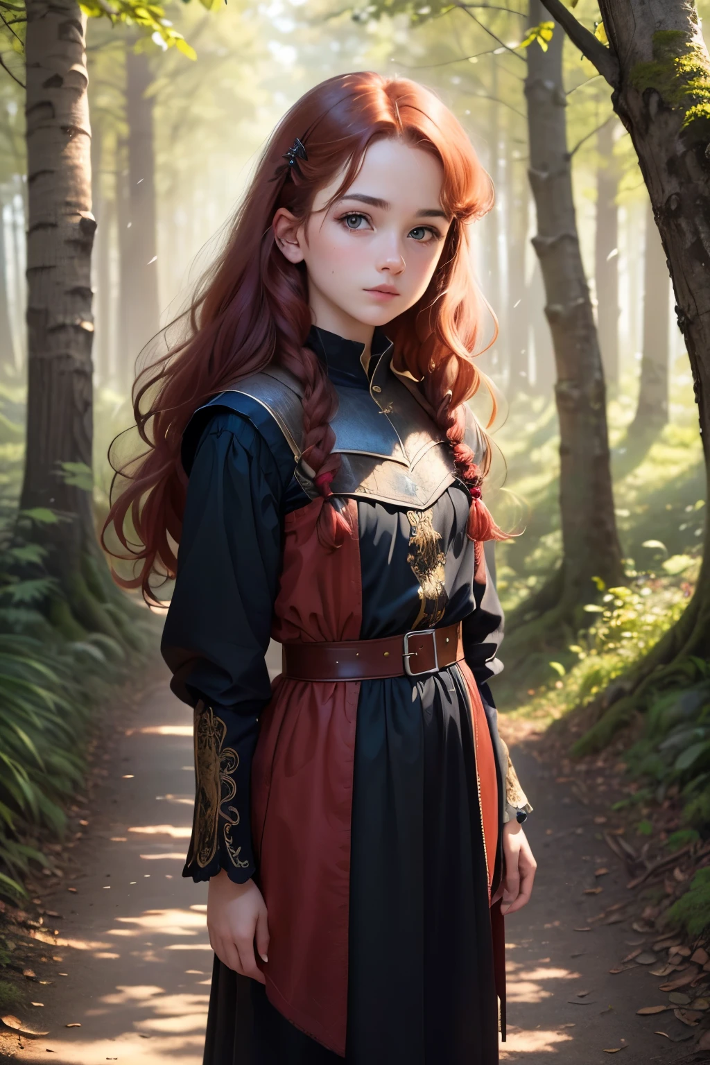 ((best quality)), ((masterpiece)), (detailed), Prize-winning works, with incredible details, maximum textures and details, uhd ,super resolution , 1 portrait of a red-haired girl,beautiful face, standing on a path in a magical forest, developing hair, wavy, wearing a medieval dress ,fully body (10 year old young man :1.1,detailedeyes, face detailed, whole body:1.1,the background is a forest ),(best qualityer:1.2,ultra detali:1.1,realisitic:1.37) ,eyeshadows,sharp focus,swirly vibrant colors,), (twilight), 8K