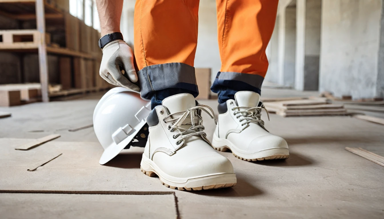 pair of feet in safe work clothes, high work shoes and hands carrying white work helmet indoors, building place background
