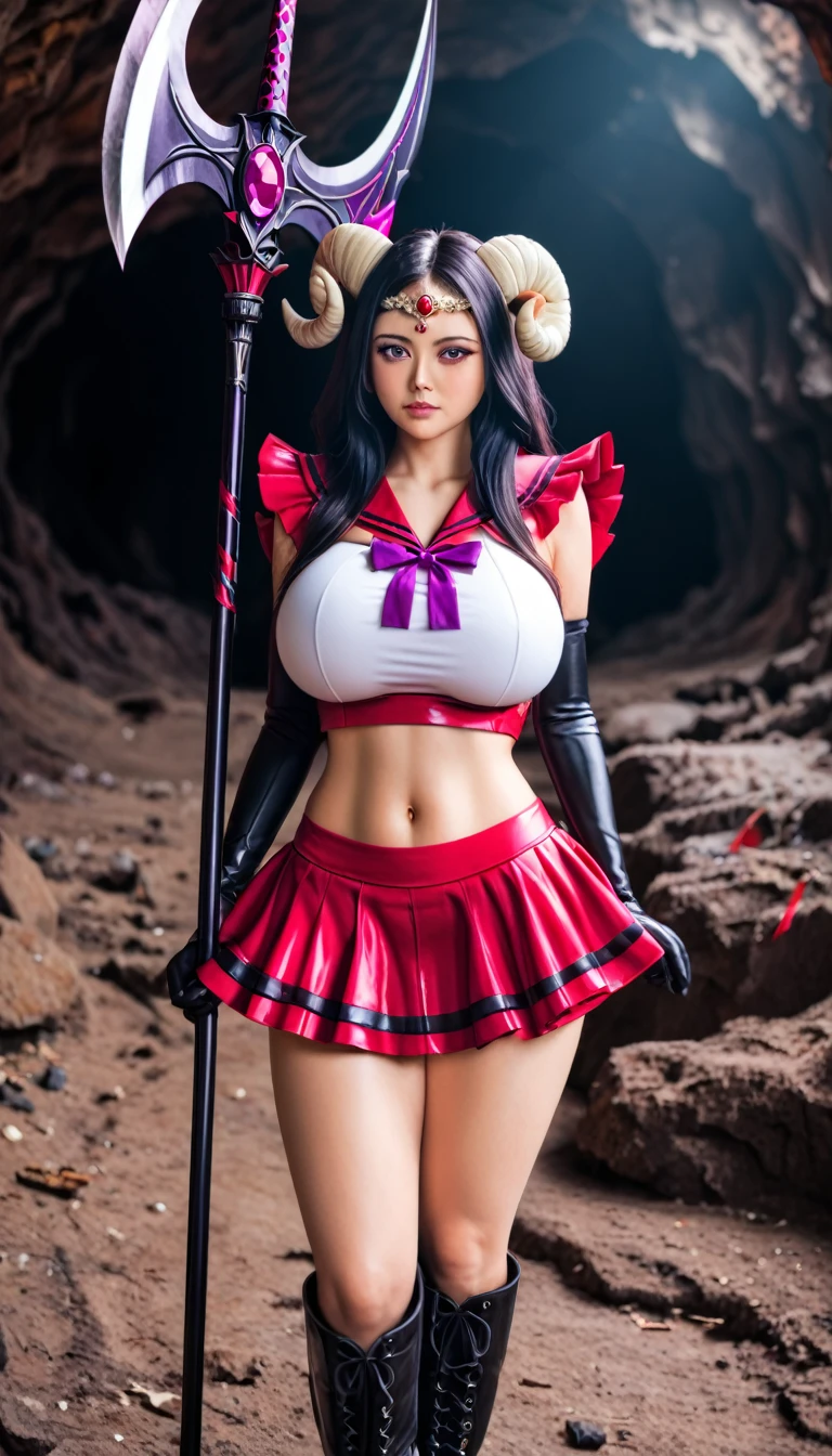 (High quality, masterpieces), One Japanese girl, black long hair, Beautiful face, Sleepy eyes, Shy, Brown eyes, Crimson wide sailor collar, Crimson ruffle mini skirt, Huge violet ribbon covering over her breast, Big breasts, Exposing skin around navel, a white crop top, Long gloves made of crimson leather, Knee-high boots made of crimson leather, circlet made of black metal with a purple jewel on forehead, broad and deep dark-pink eyeshadow, Attach sheep's horn to temporal region, Inside dark cave, equip a huge death's scythe