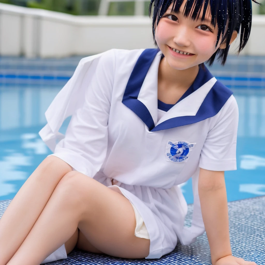 8k, japanese, High School girl,1 person, , Sailor Mercury, cosplay,short hair, Wet arms,Wet legs,Wet Face, pose, Highest quality, wet poolside, smile